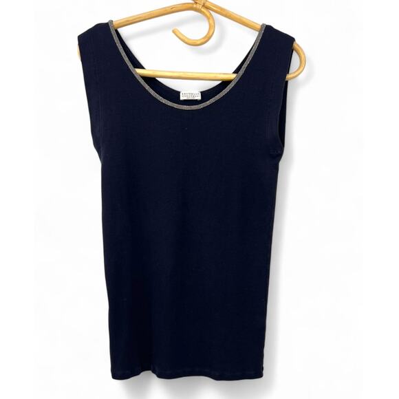 brunello cucinelli L 12-14 Top Blouse Beaded Scoop Neck Sleeveless Tank Black